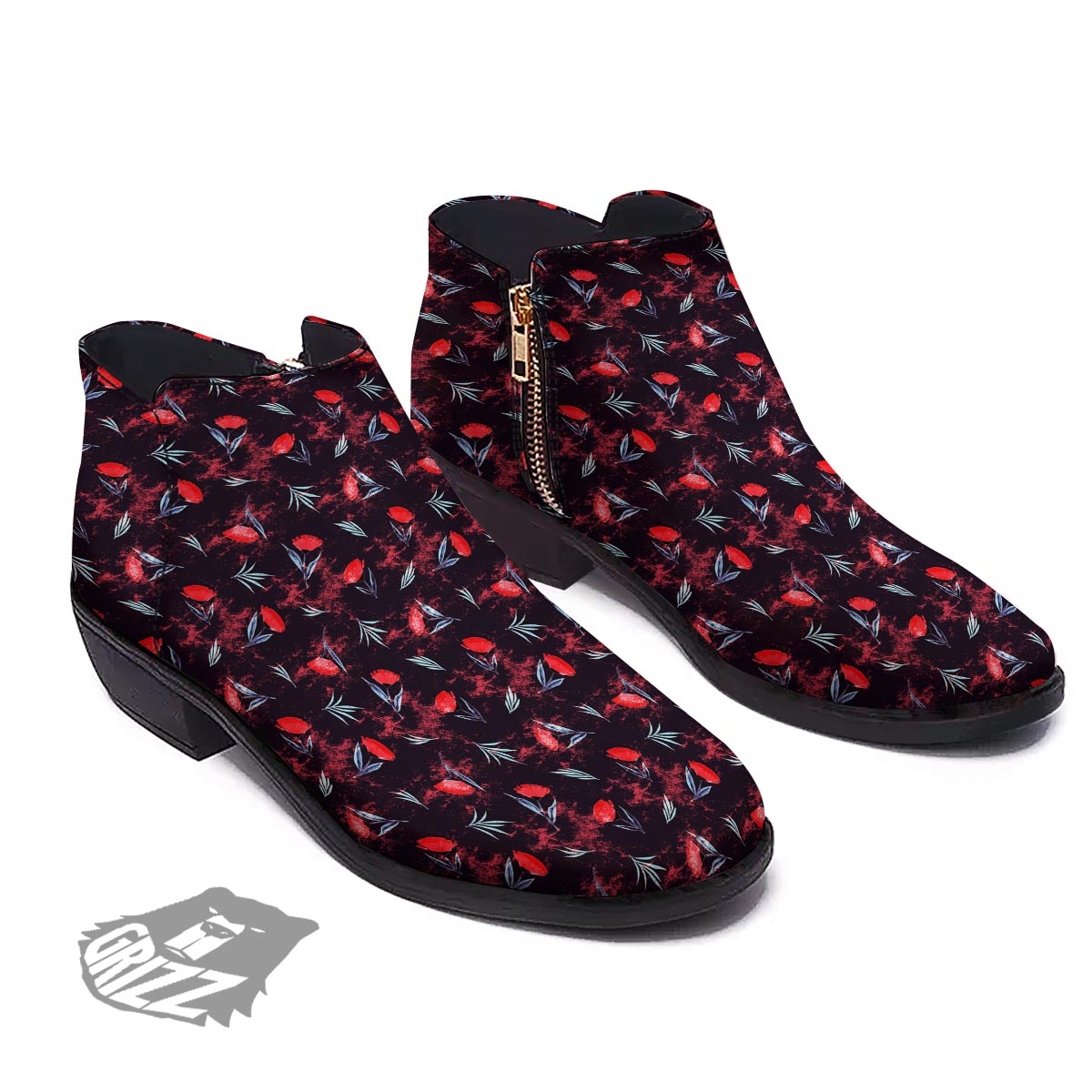 Carnation Black And Red Print Pattern Ankle Boots-grizzshop