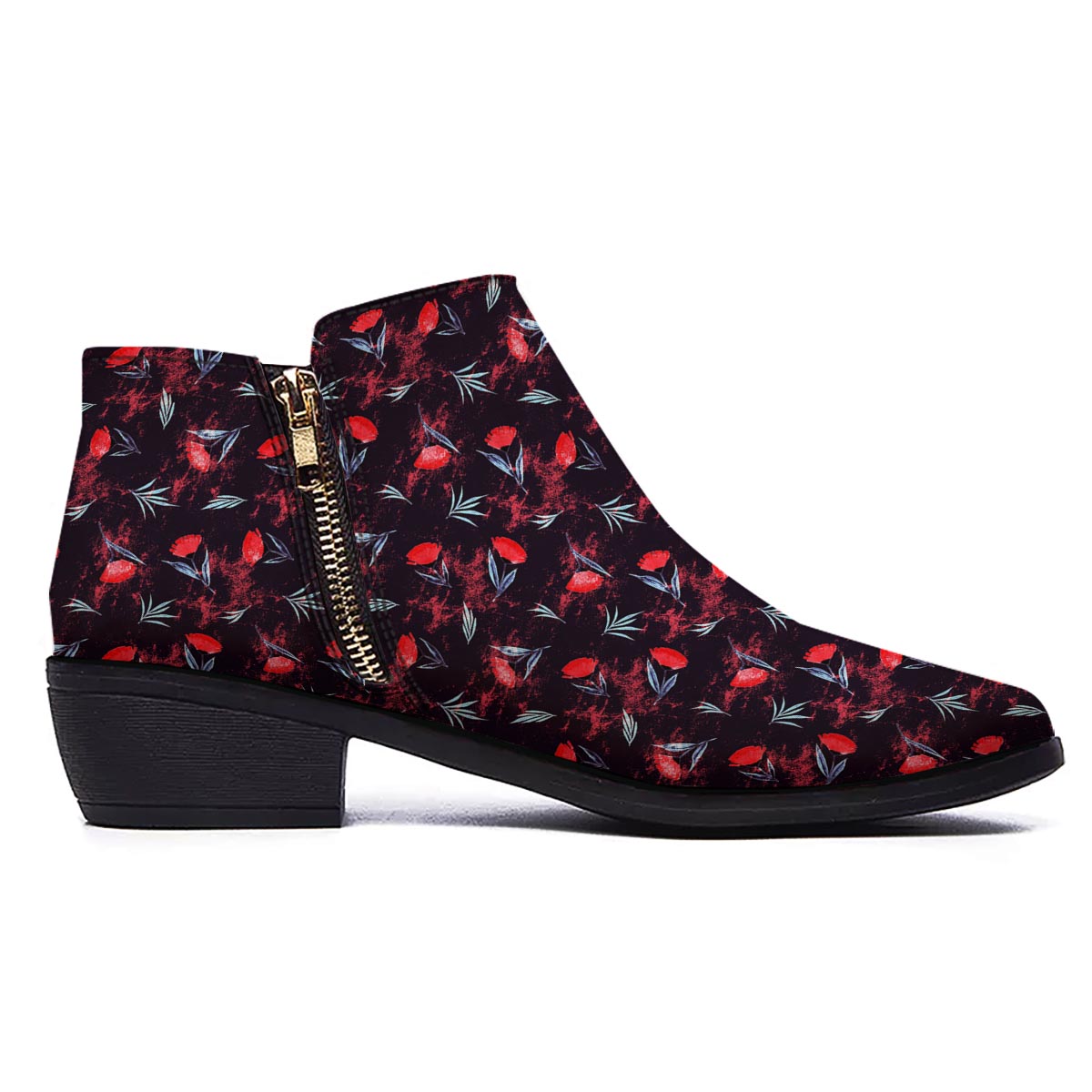 Carnation Black And Red Print Pattern Ankle Boots-grizzshop