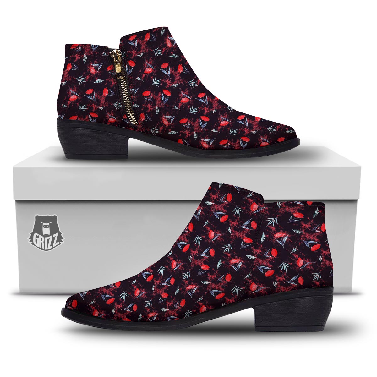Carnation Black And Red Print Pattern Ankle Boots-grizzshop