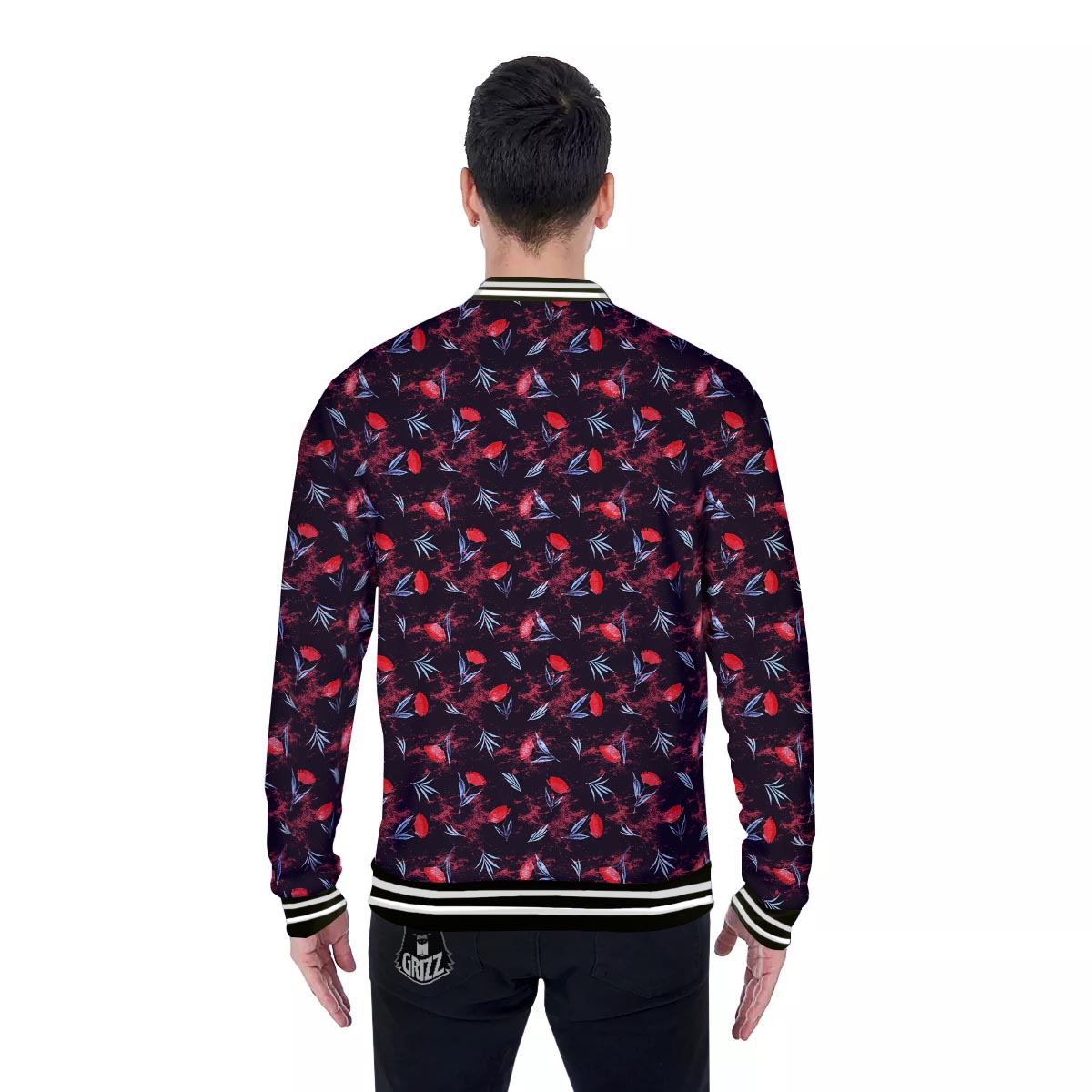 Carnation Black And Red Print Pattern Baseball Jacket-grizzshop