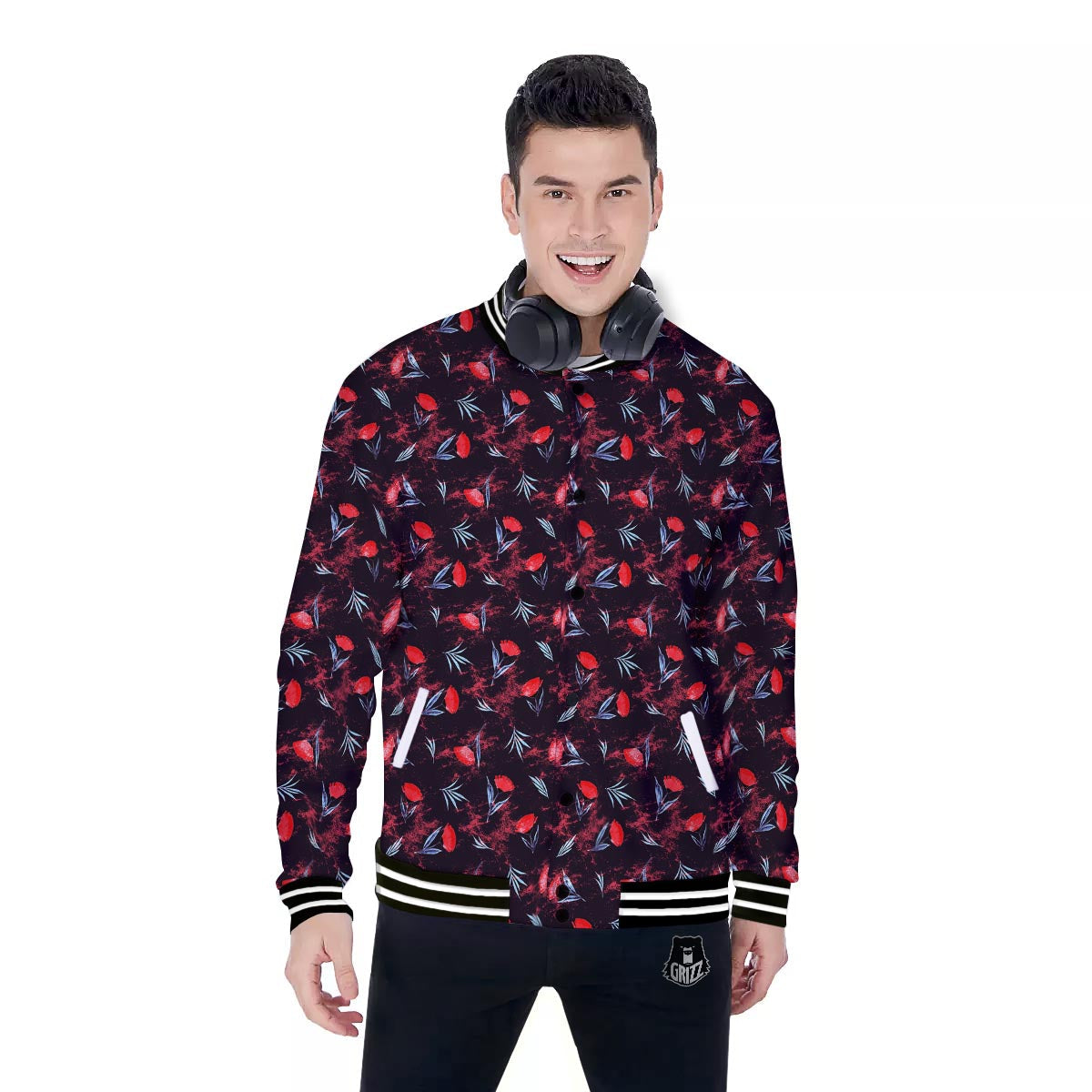 Carnation Black And Red Print Pattern Baseball Jacket-grizzshop