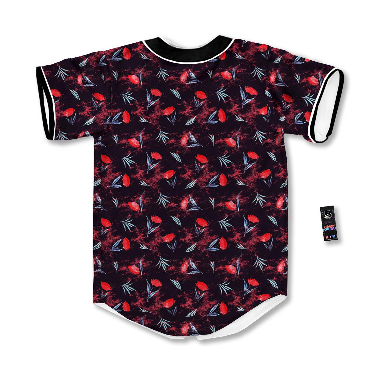 Carnation Black And Red Print Pattern Baseball Jersey-grizzshop
