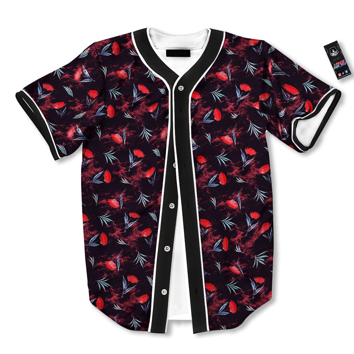 Carnation Black And Red Print Pattern Baseball Jersey-grizzshop