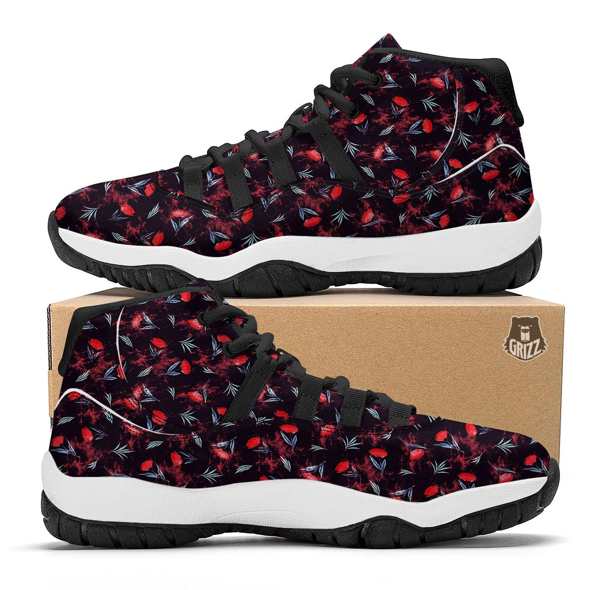 Carnation Black And Red Print Pattern Black Bball Shoes-grizzshop