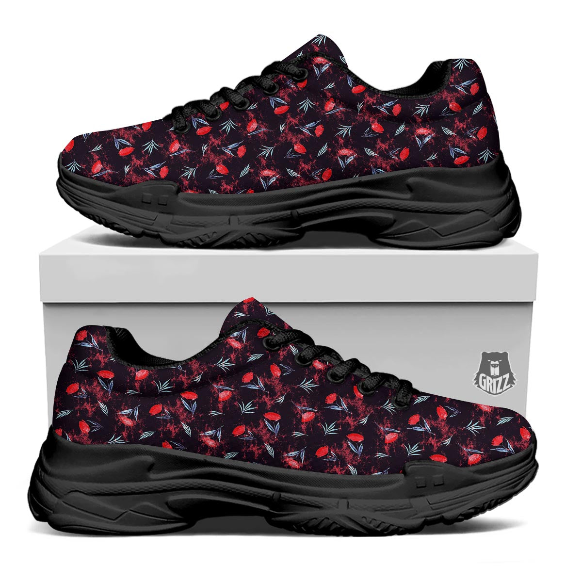 Carnation Black And Red Print Pattern Black Chunky Shoes-grizzshop