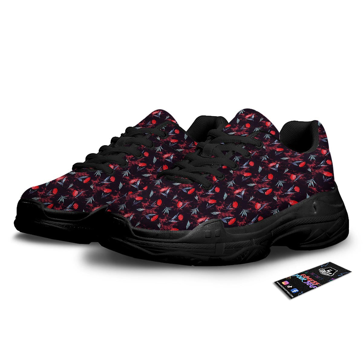 Carnation Black And Red Print Pattern Black Chunky Shoes-grizzshop