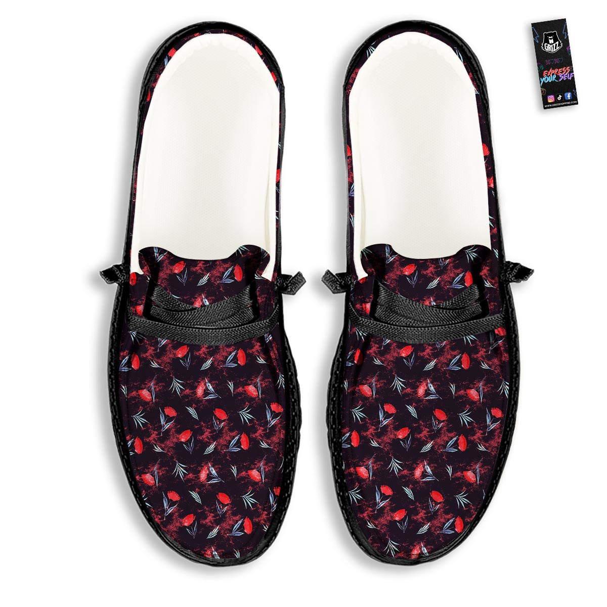 Carnation Black And Red Print Pattern Black Loafers-grizzshop