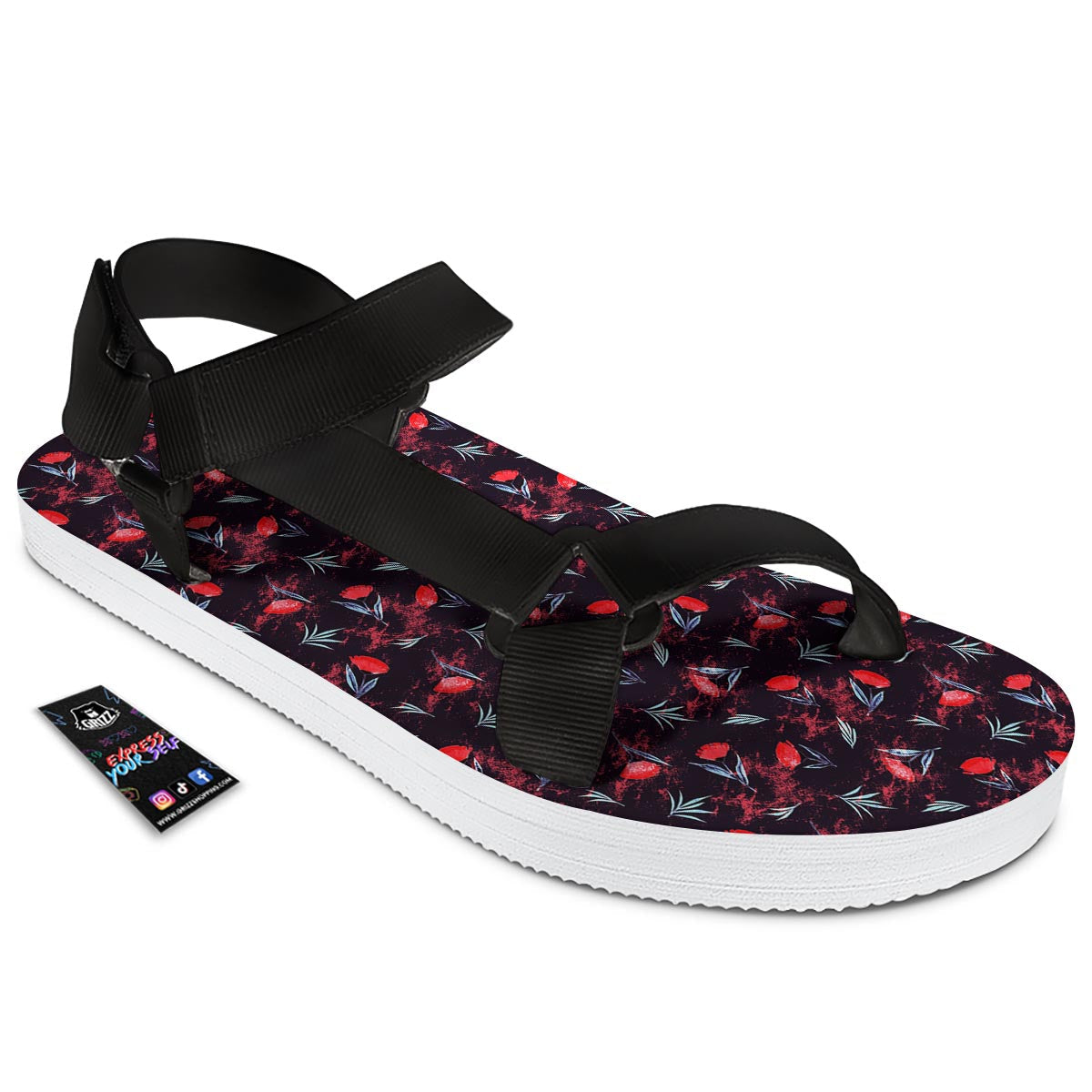 Carnation Black And Red Print Pattern Black Open Toe Sandals-grizzshop