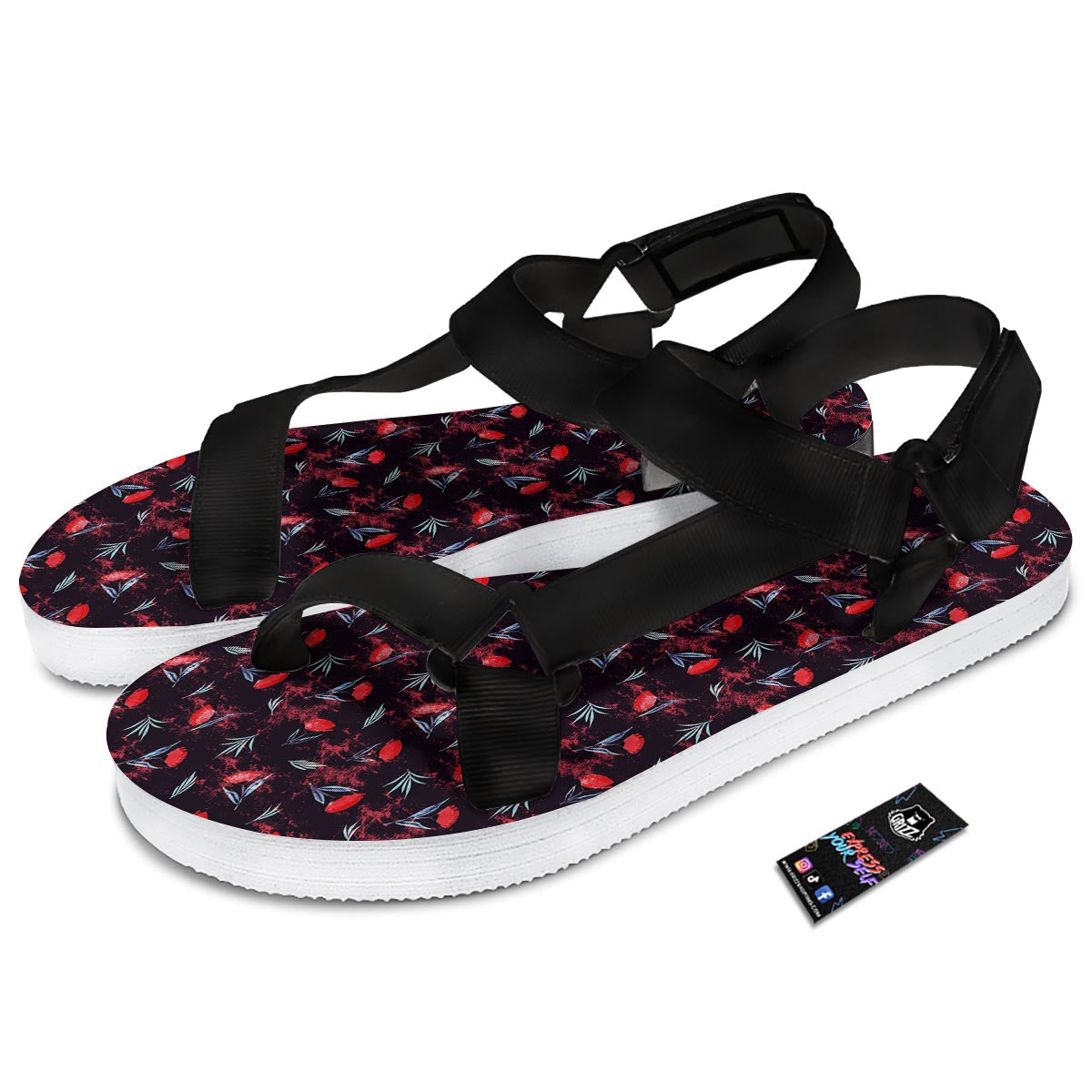 Carnation Black And Red Print Pattern Black Open Toe Sandals-grizzshop