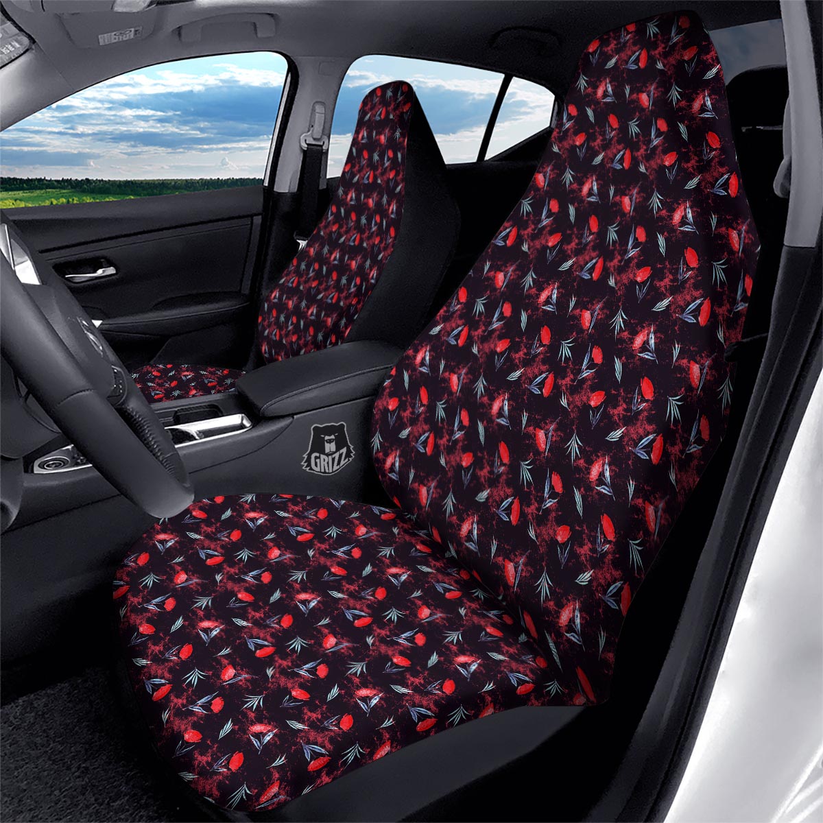 Carnation Black And Red Print Pattern Car Seat Covers-grizzshop