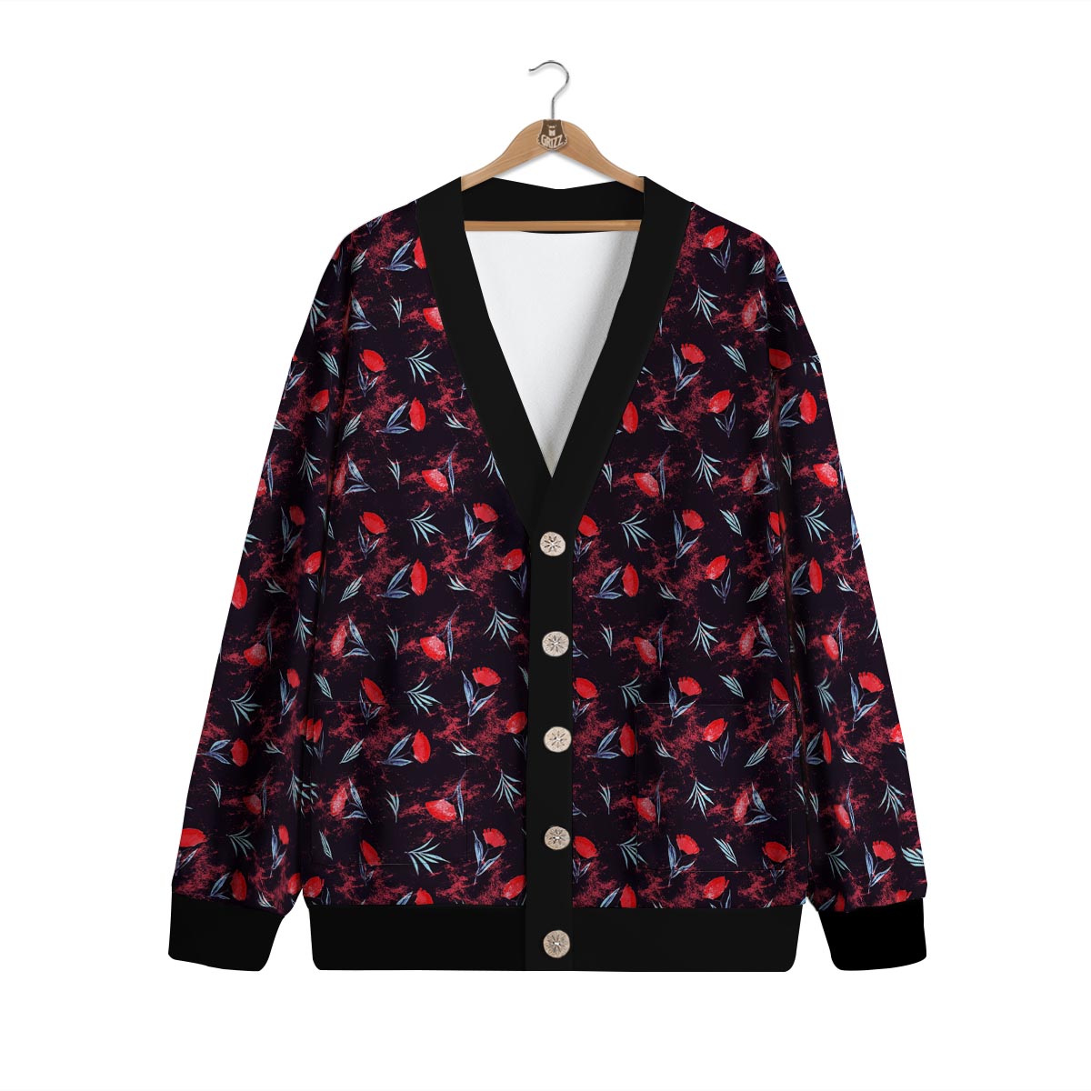 Carnation Black And Red Print Pattern Cardigan-grizzshop