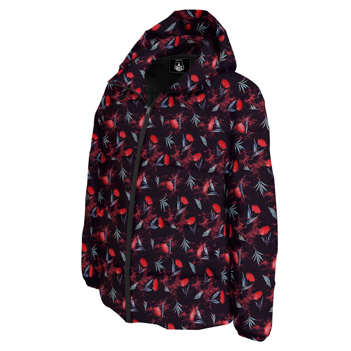 Carnation Black And Red Print Pattern Down Jacket-grizzshop