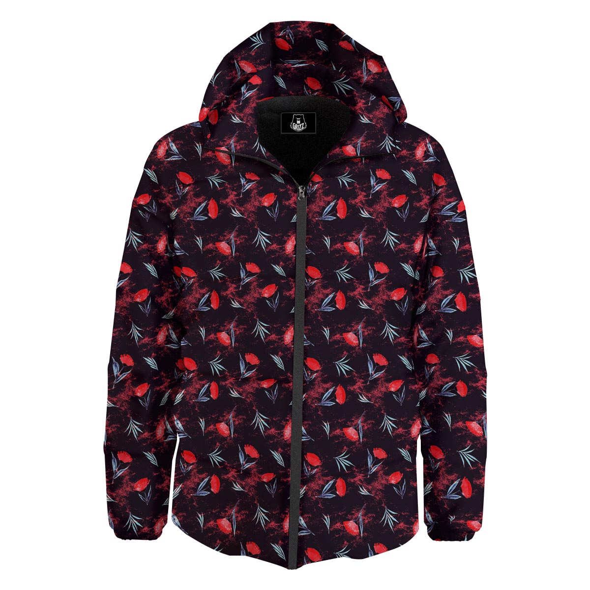 Carnation Black And Red Print Pattern Down Jacket-grizzshop