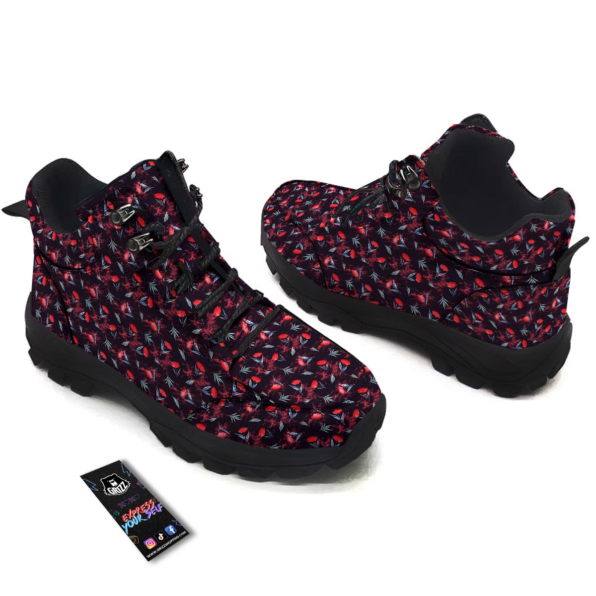 Carnation Black And Red Print Pattern Hiking Shoes-grizzshop