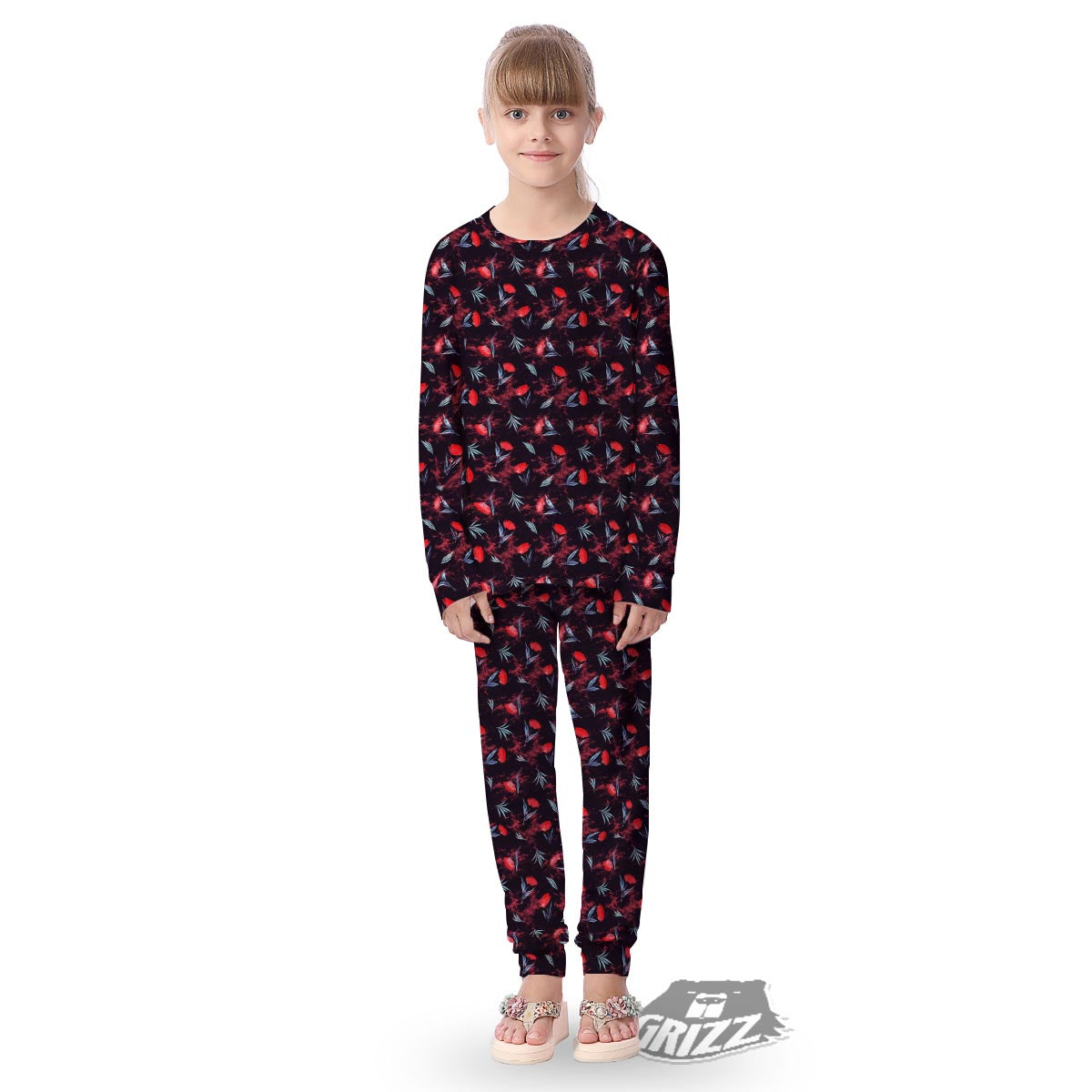 Carnation Black And Red Print Pattern Kid's Pajamas-grizzshop