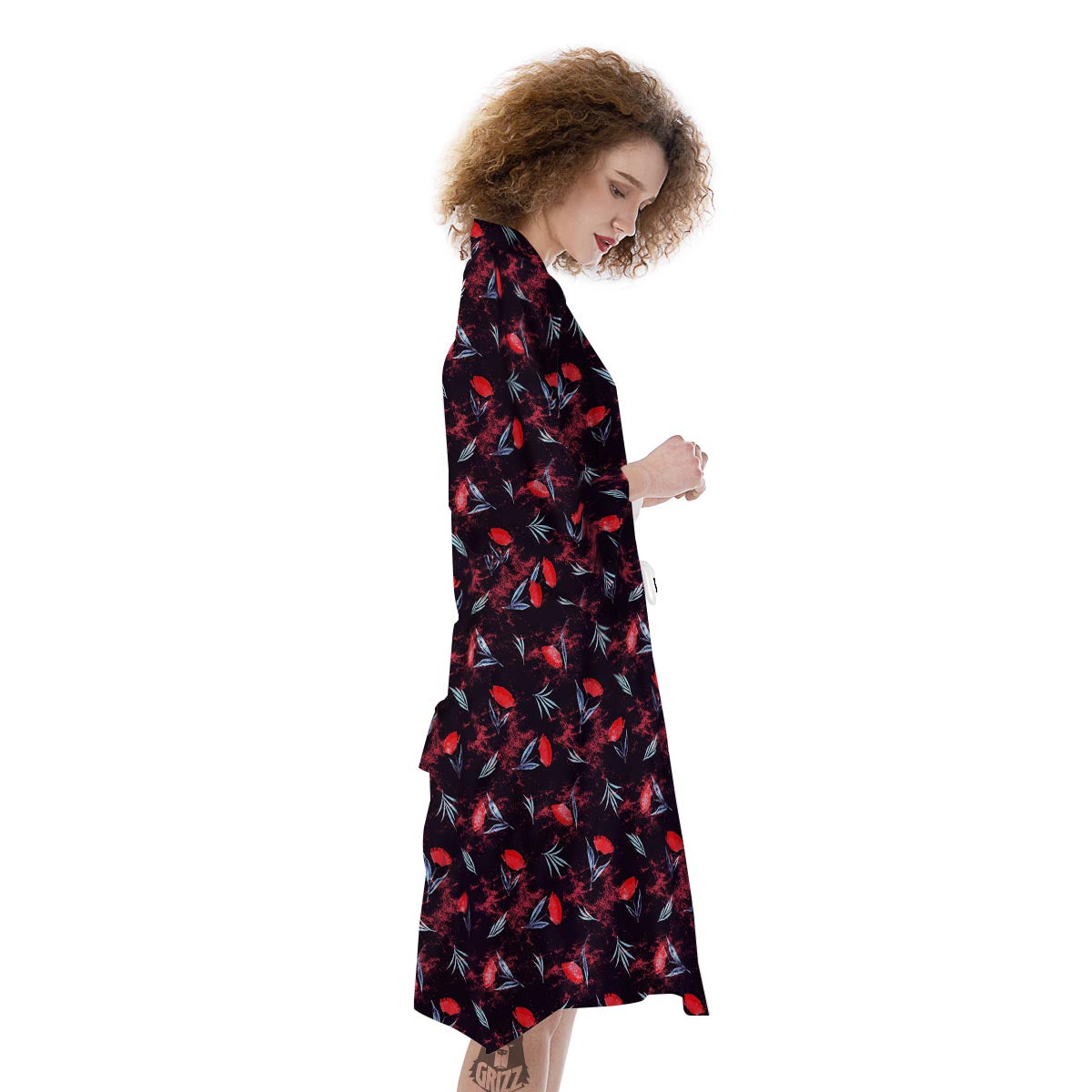 Carnation Black And Red Print Pattern Kimono-grizzshop