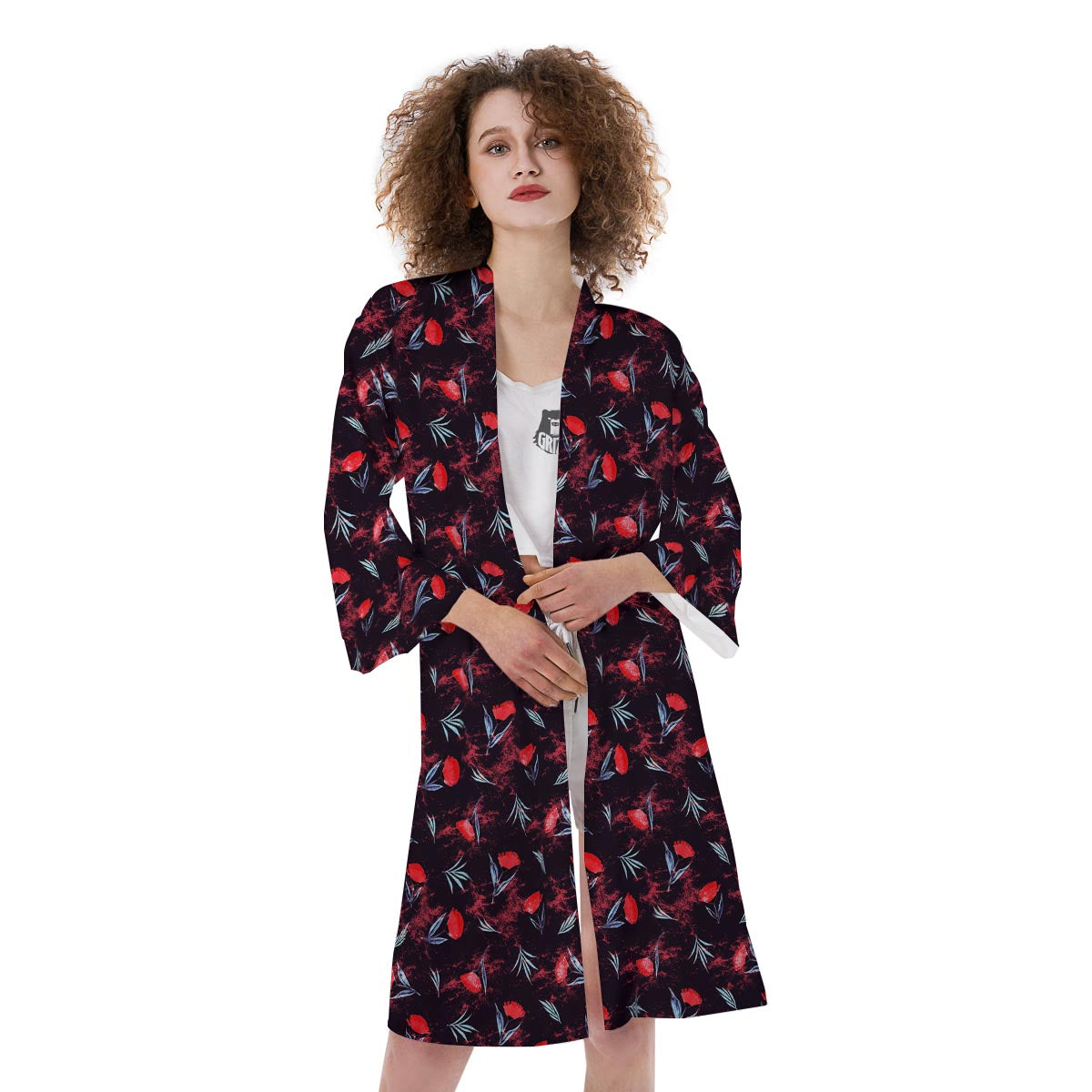 Carnation Black And Red Print Pattern Kimono-grizzshop
