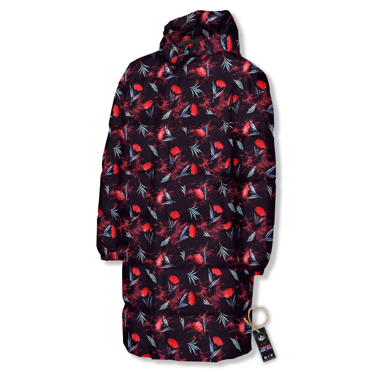 Carnation Black And Red Print Pattern Long Down Jacket-grizzshop