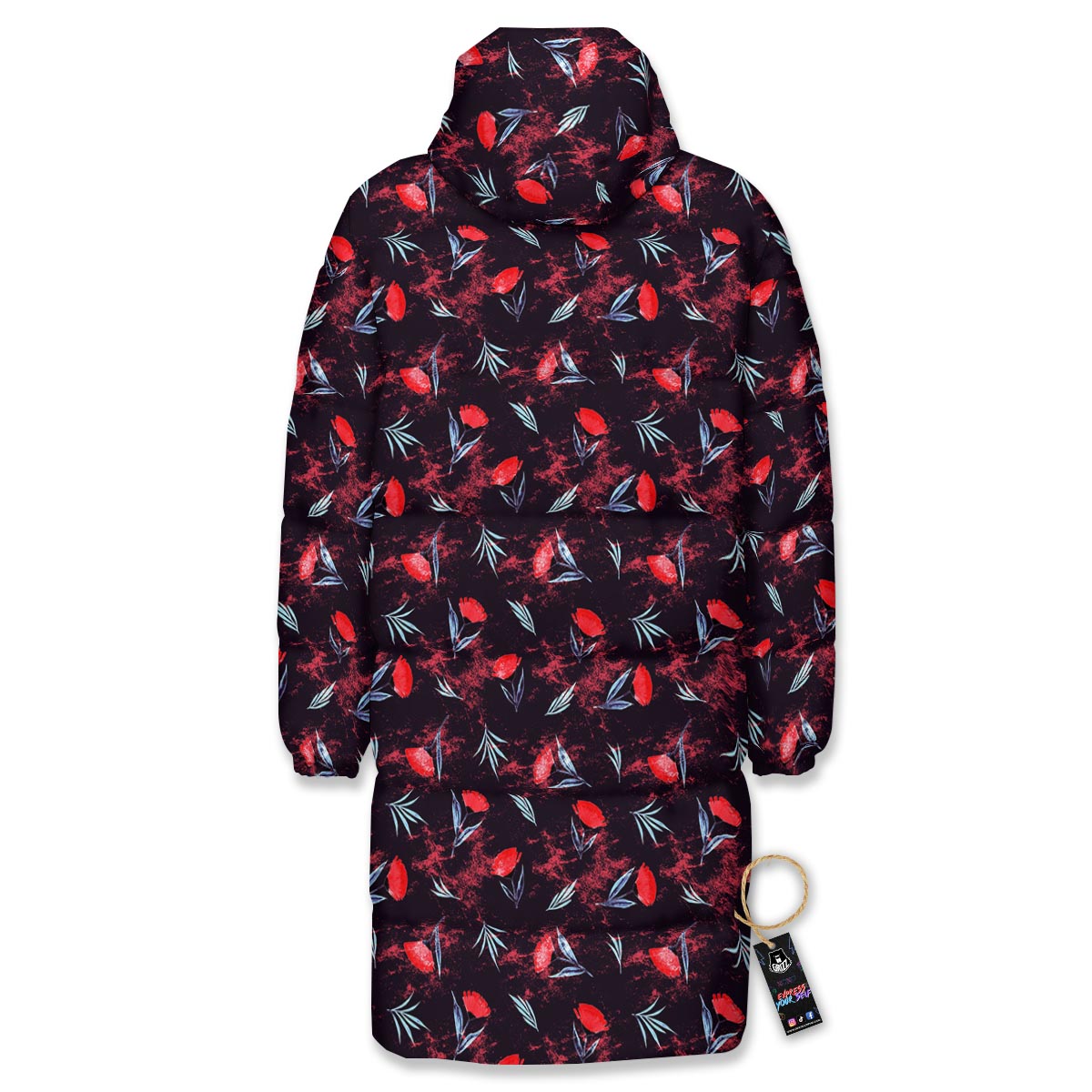 Carnation Black And Red Print Pattern Long Down Jacket-grizzshop