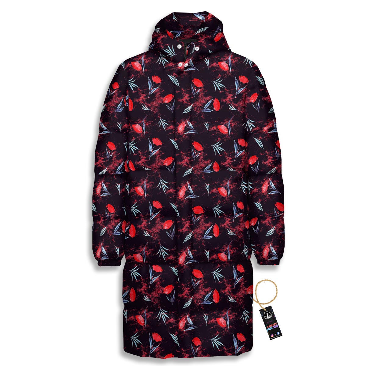 Carnation Black And Red Print Pattern Long Down Jacket-grizzshop