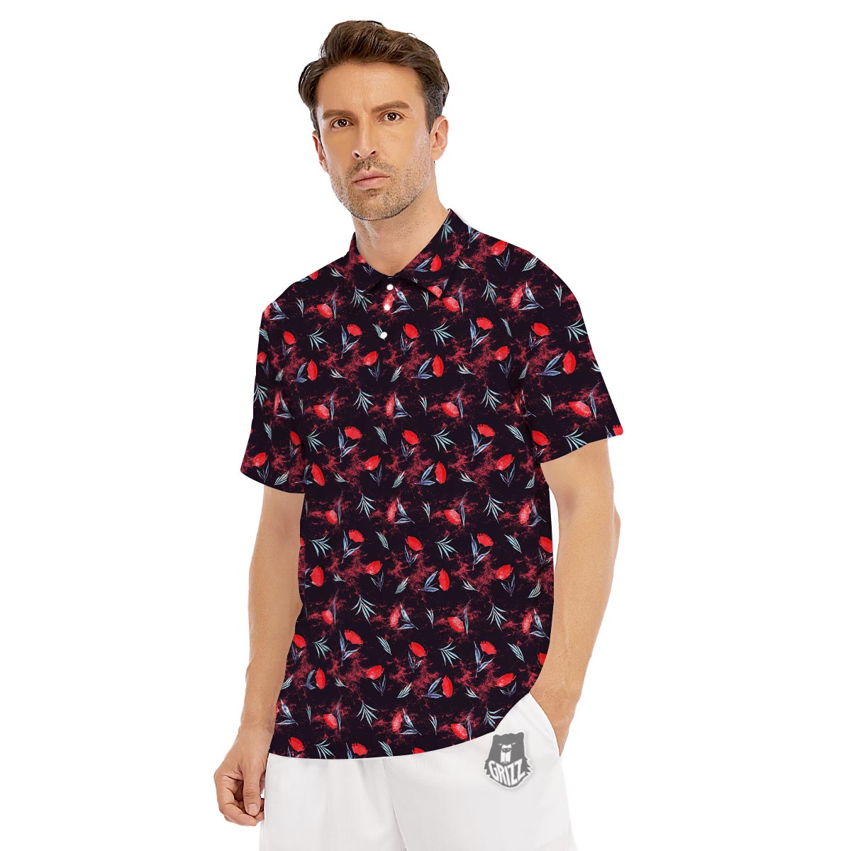Carnation Black And Red Print Pattern Men's Golf Shirts-grizzshop