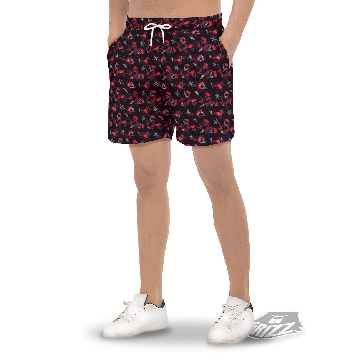 Carnation Black And Red Print Pattern Men's Gym Shorts-grizzshop