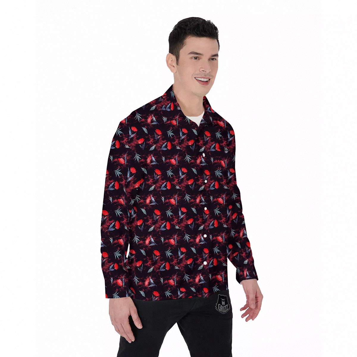 Carnation Black And Red Print Pattern Men's Long Sleeve Shirts-grizzshop