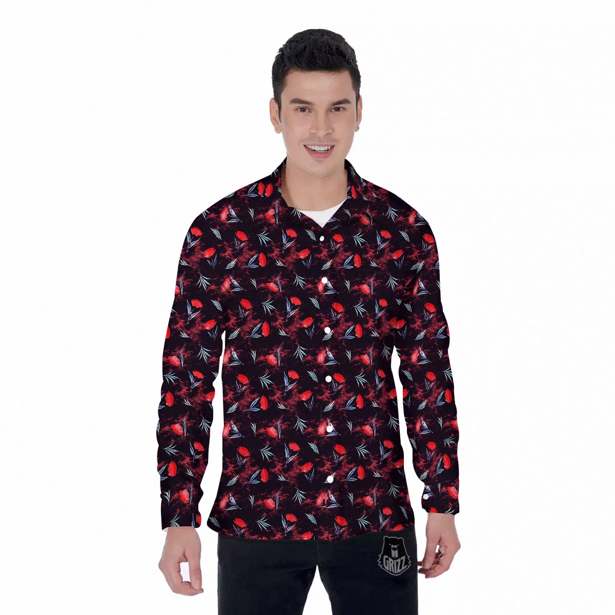 Carnation Black And Red Print Pattern Men's Long Sleeve Shirts-grizzshop
