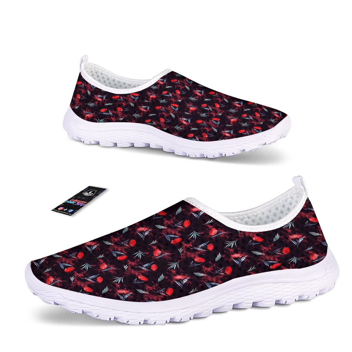 Carnation Black And Red Print Pattern Nurse Shoes-grizzshop