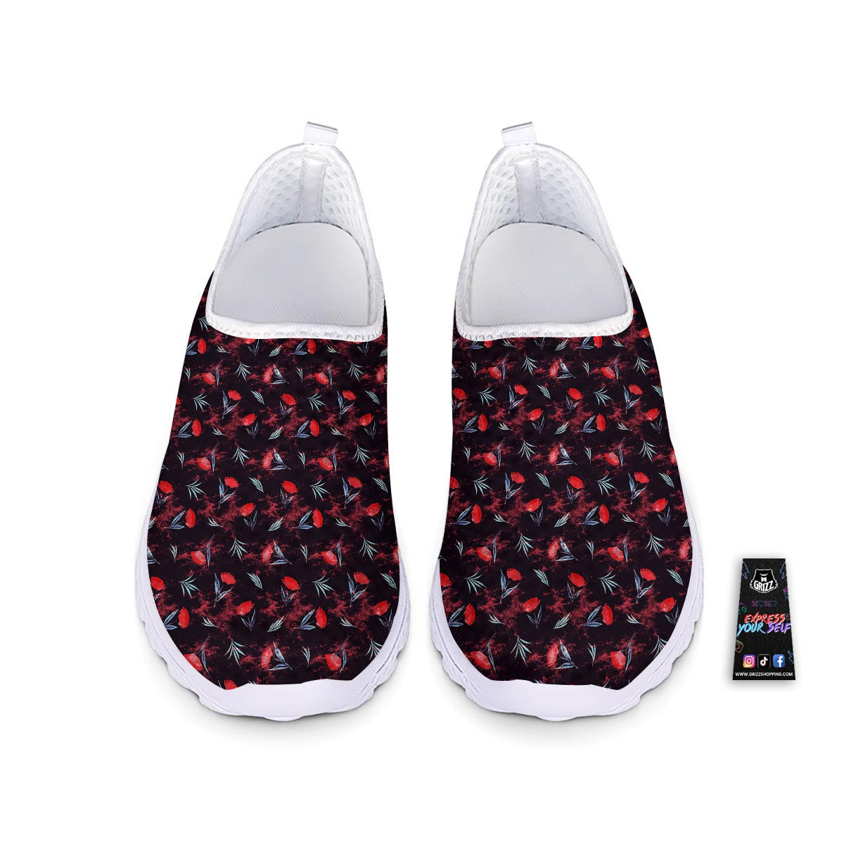 Carnation Black And Red Print Pattern Nurse Shoes-grizzshop