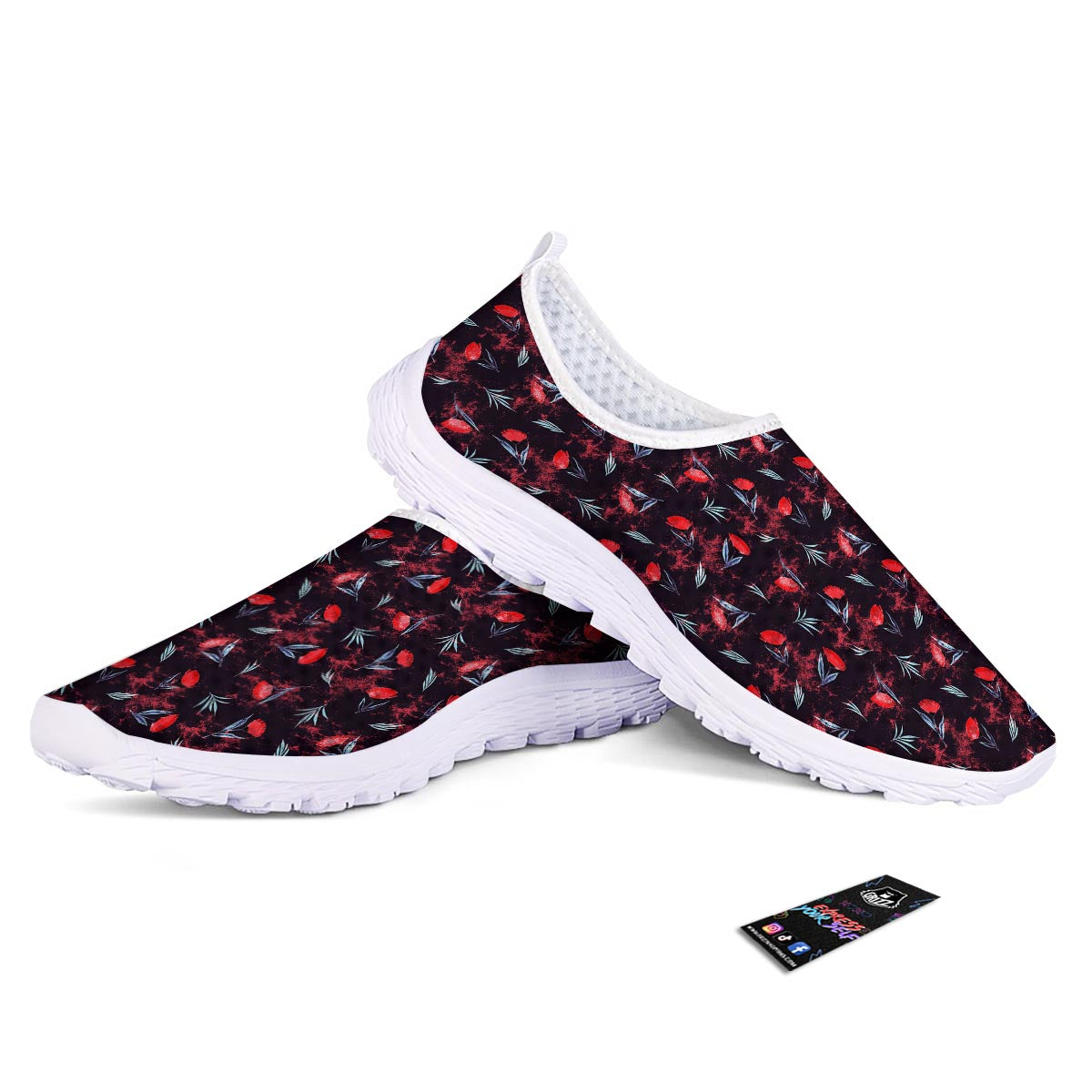 Carnation Black And Red Print Pattern Nurse Shoes-grizzshop