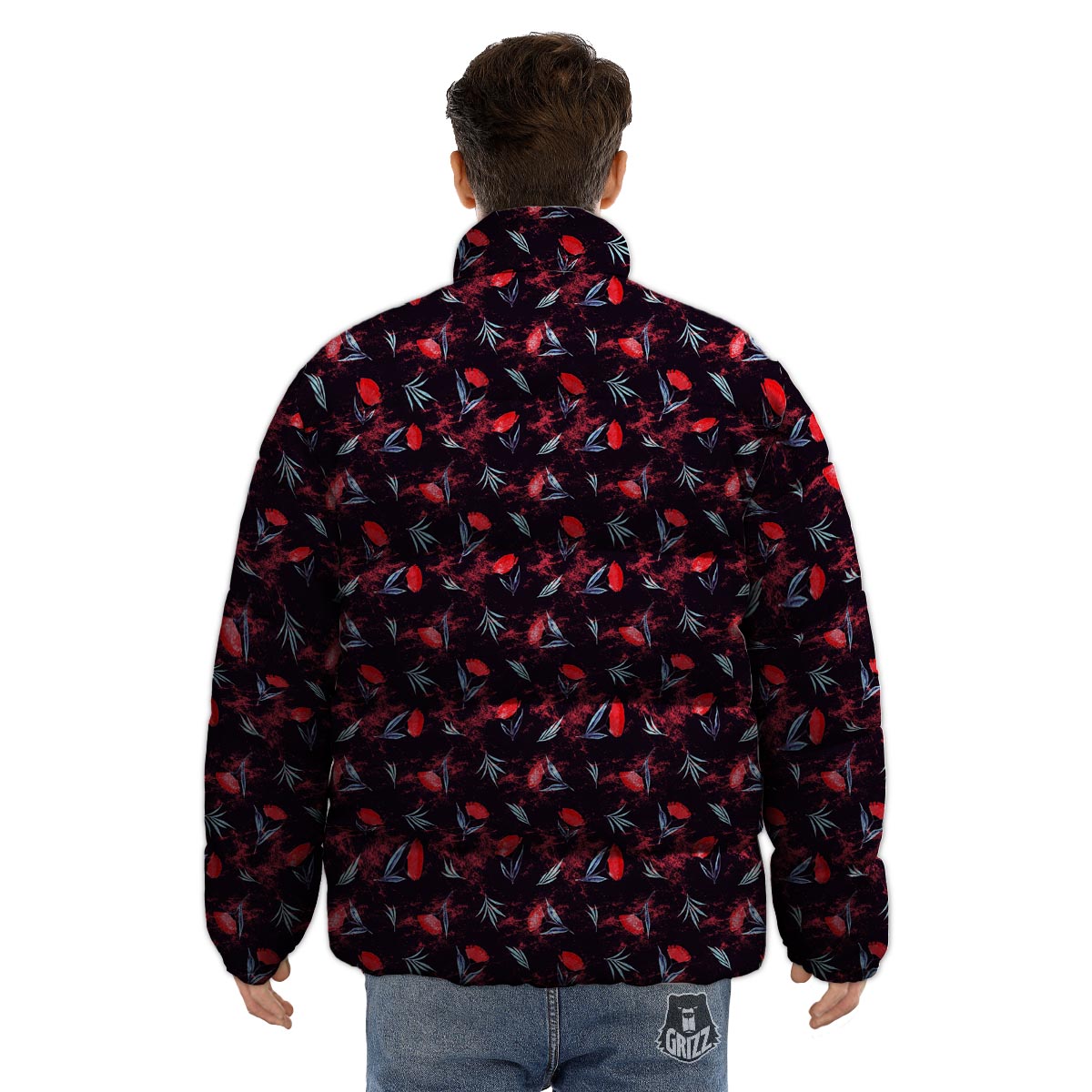 Carnation Black And Red Print Pattern Puffer Jacket-grizzshop