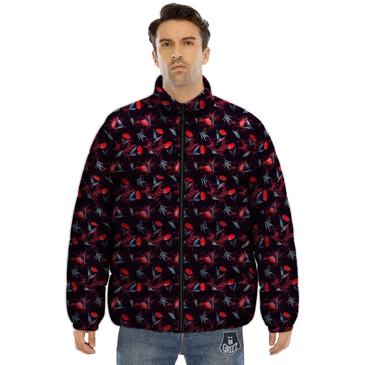 Carnation Black And Red Print Pattern Puffer Jacket-grizzshop