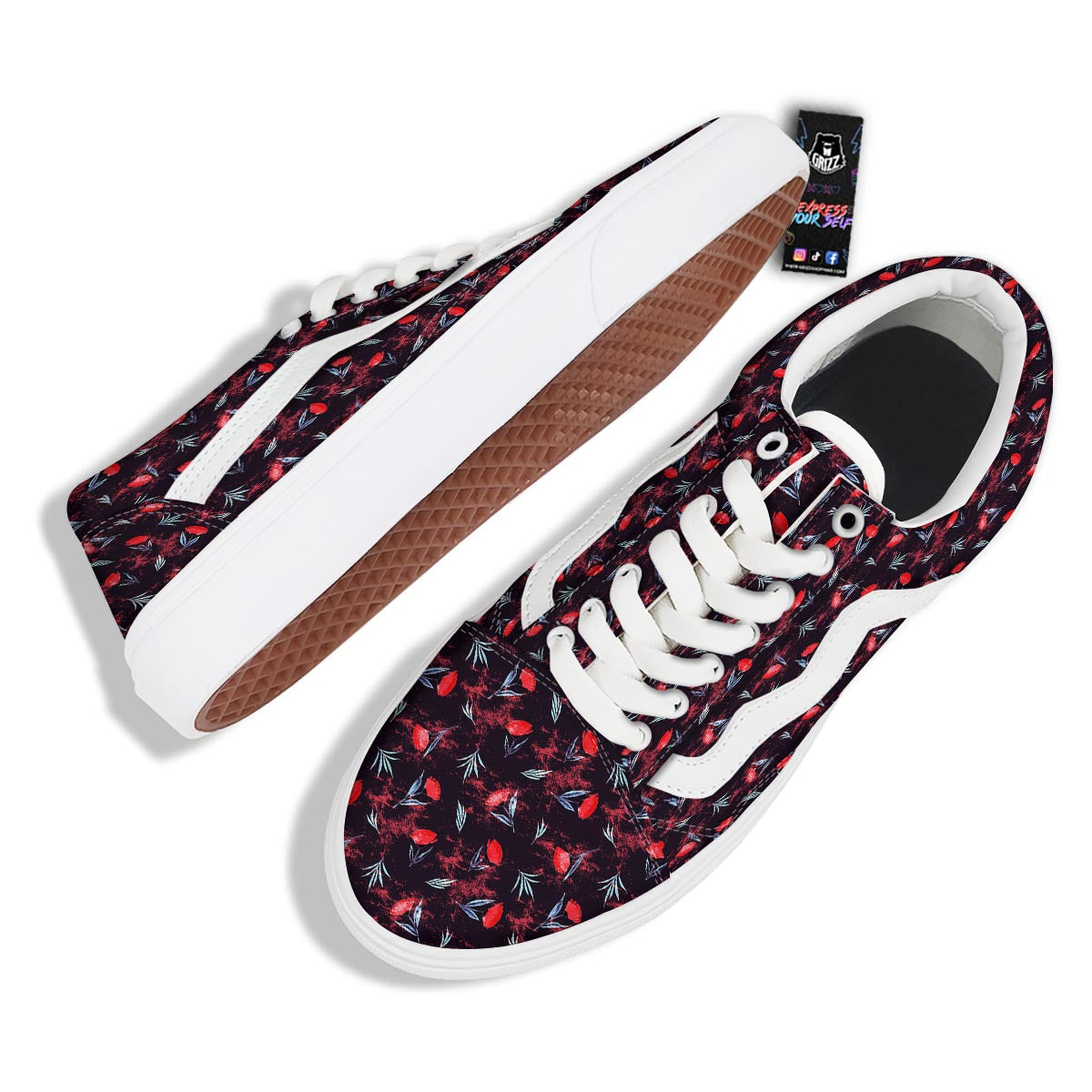 Carnation Black And Red Print Pattern Skate Shoes-grizzshop