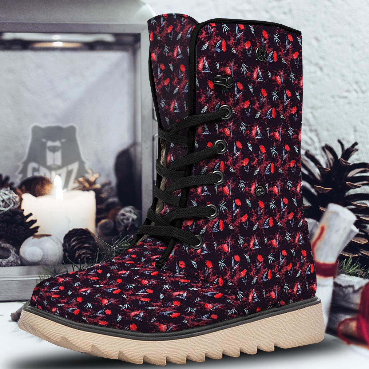 Carnation Black And Red Print Pattern Snow Boots-grizzshop