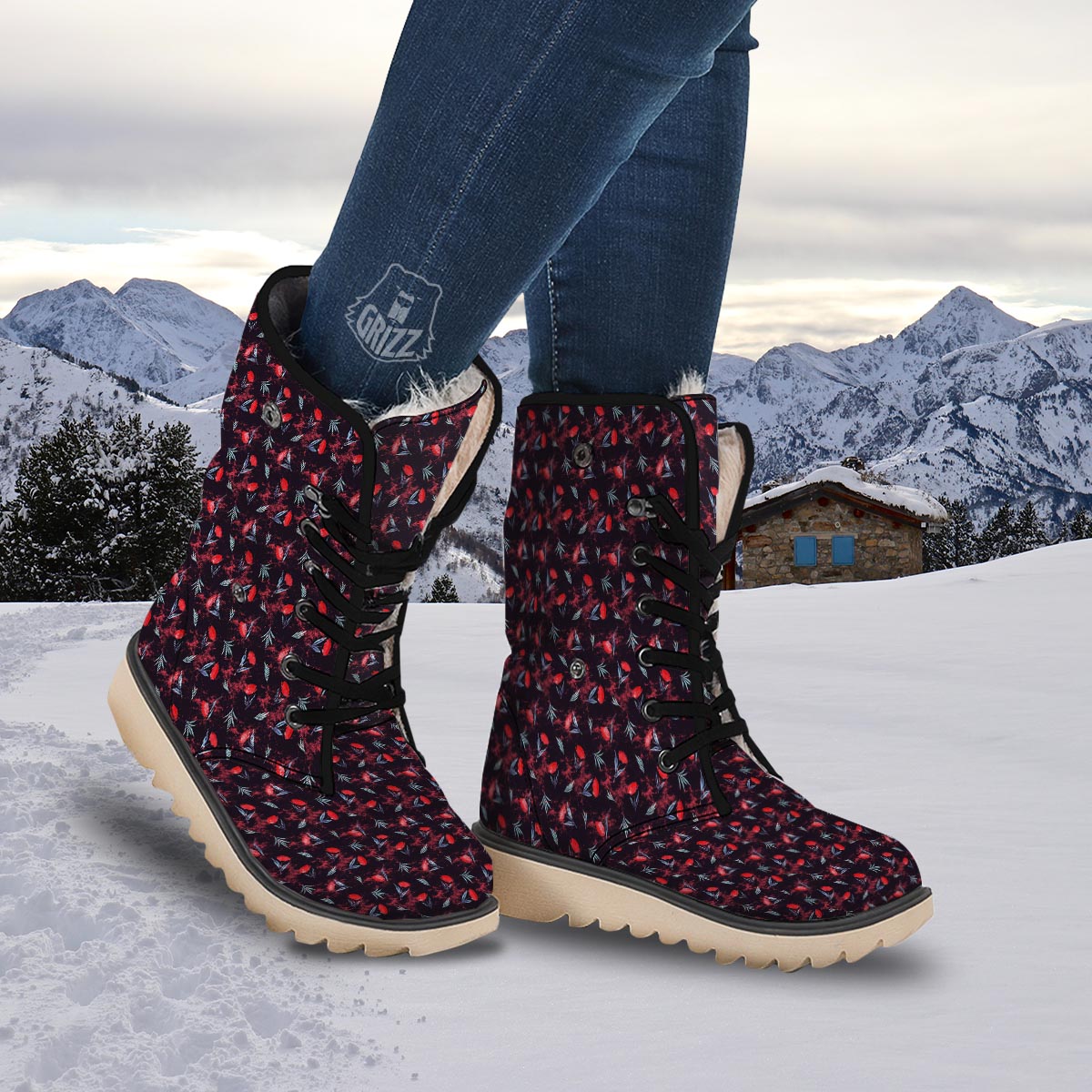 Carnation Black And Red Print Pattern Snow Boots-grizzshop