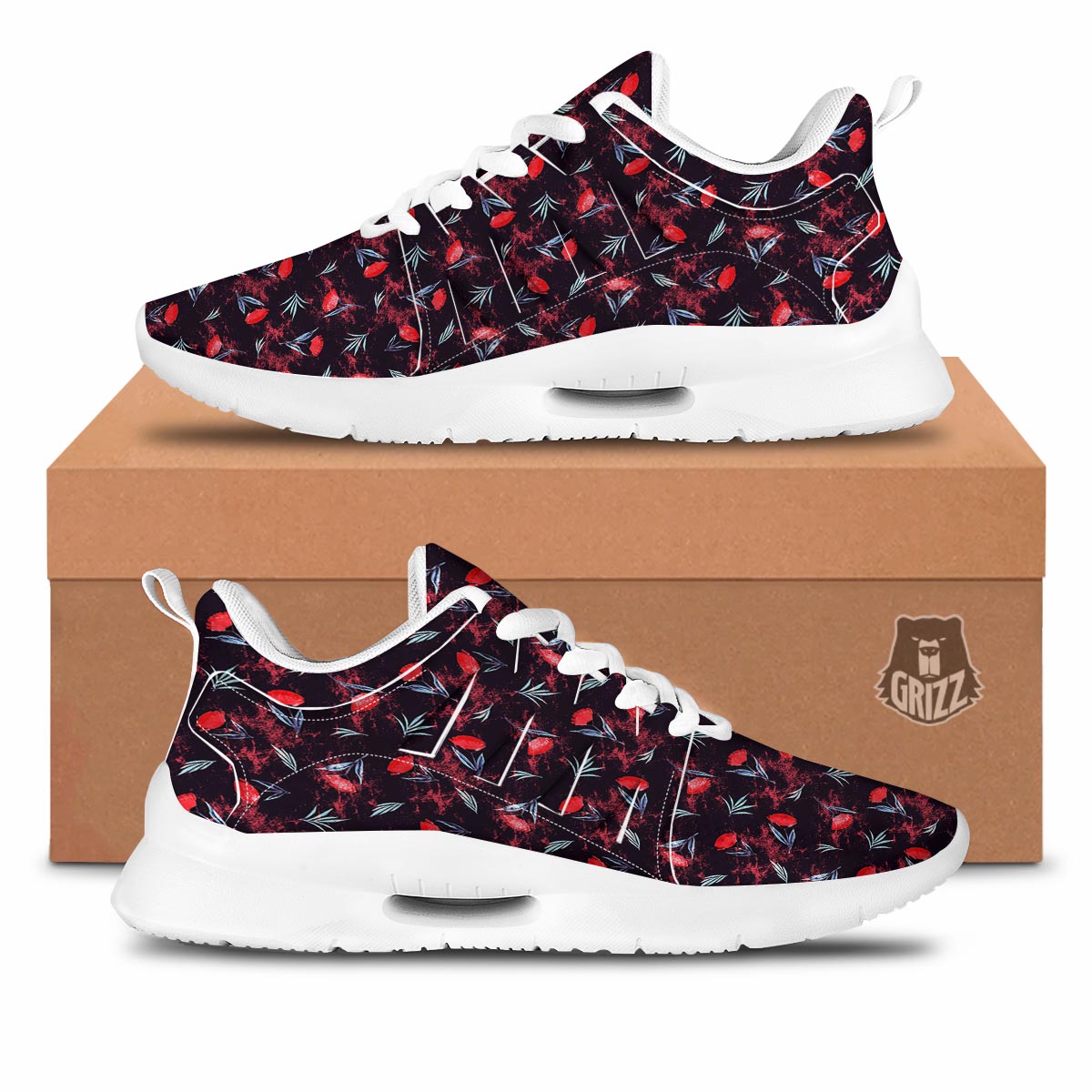 Carnation Black And Red Print Pattern Tennis Shoes-grizzshop