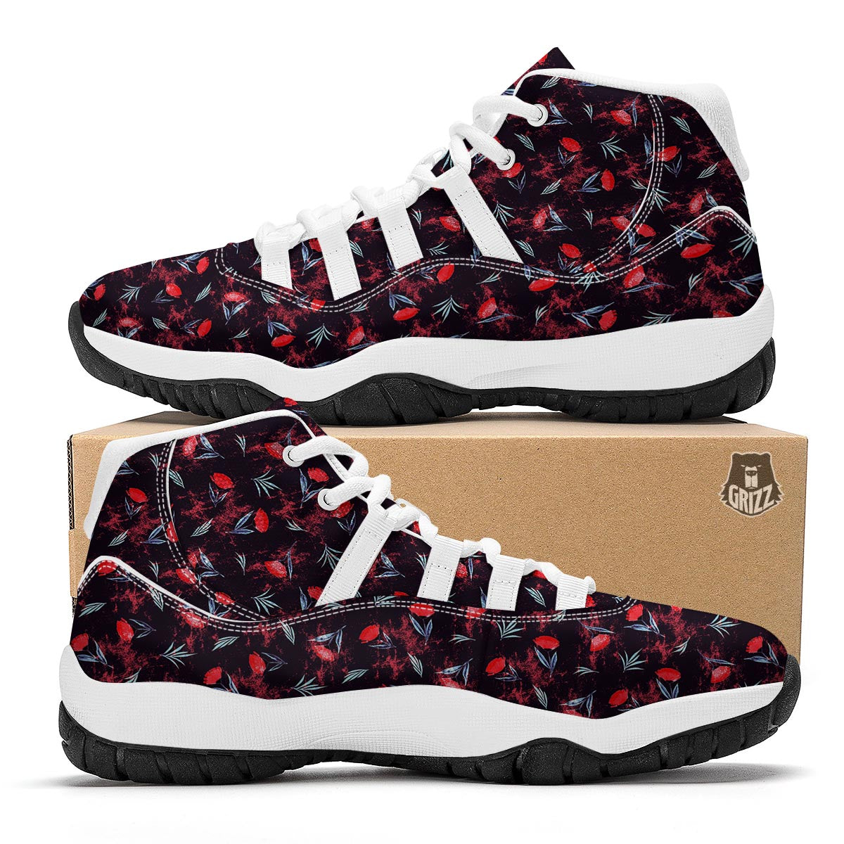 Carnation Black And Red Print Pattern White Bball Shoes-grizzshop