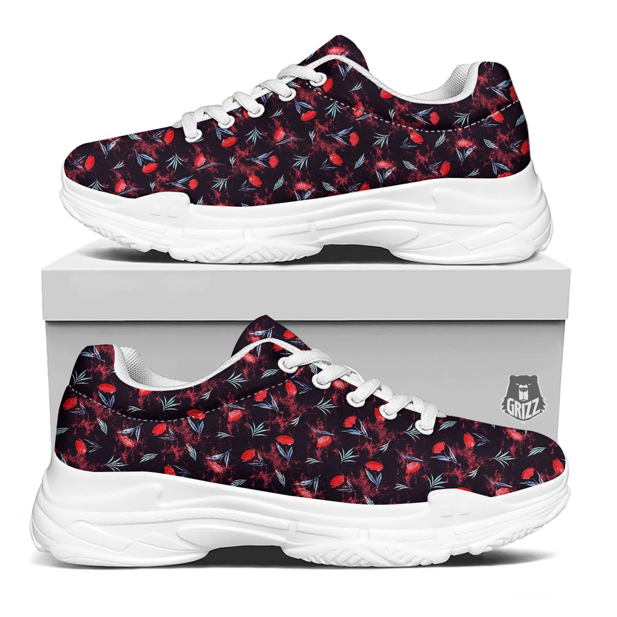 Carnation Black And Red Print Pattern White Chunky Shoes-grizzshop