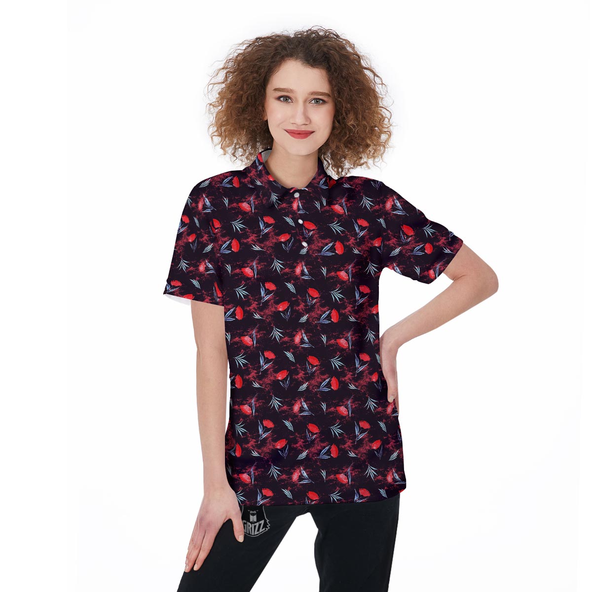 Carnation Black And Red Print Pattern Women's Golf Shirts-grizzshop