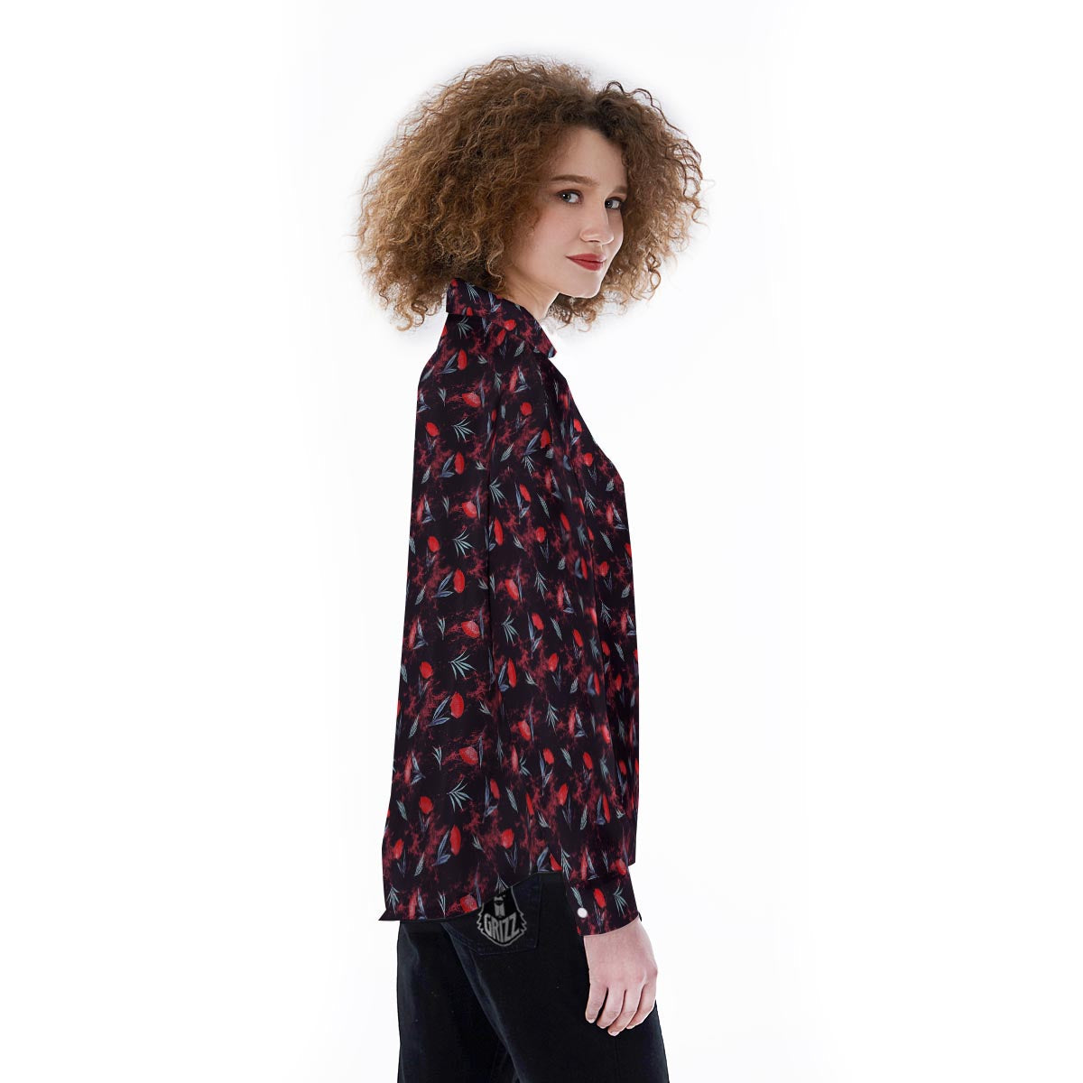 Carnation Black And Red Print Pattern Women's Long Sleeve Shirts-grizzshop