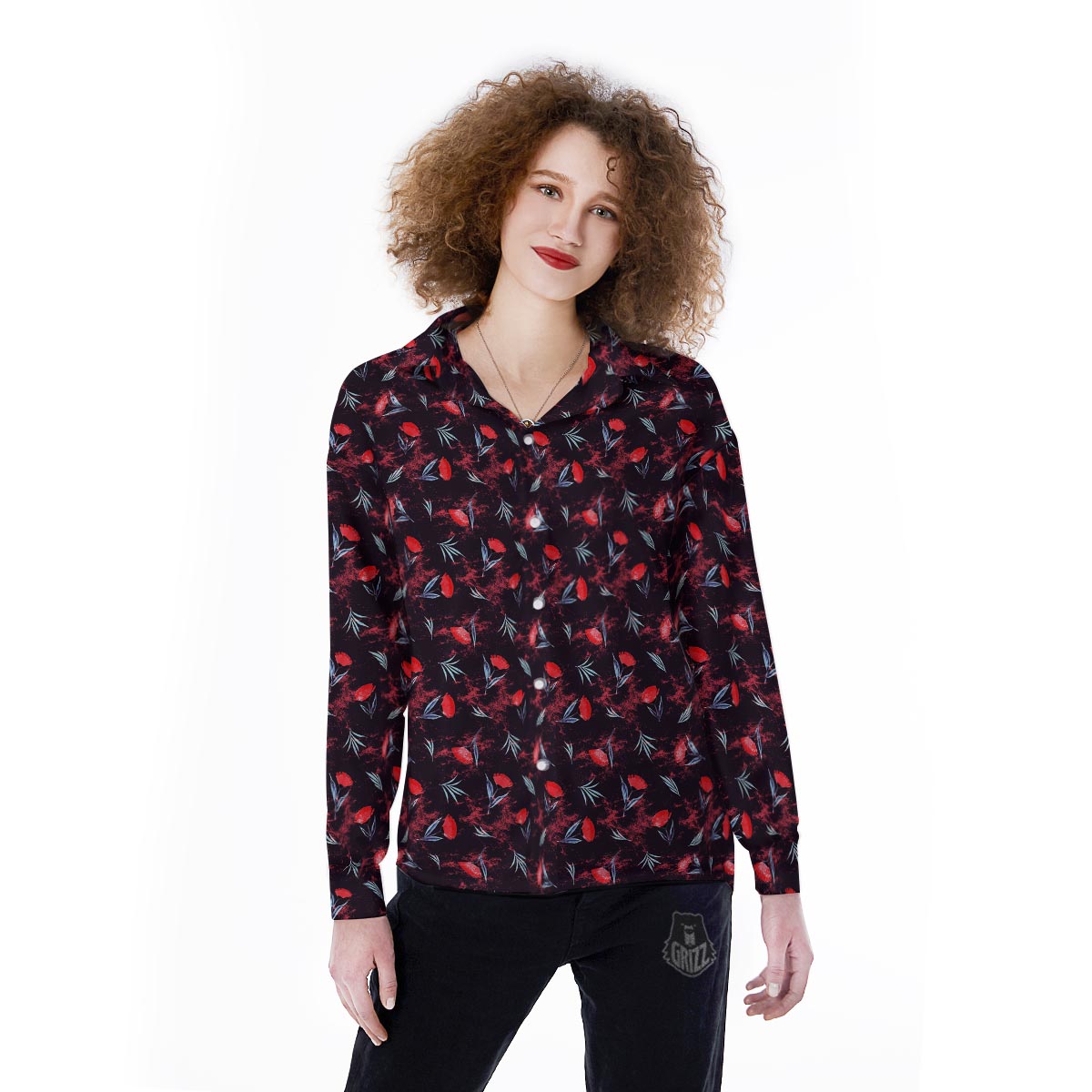 Carnation Black And Red Print Pattern Women's Long Sleeve Shirts-grizzshop