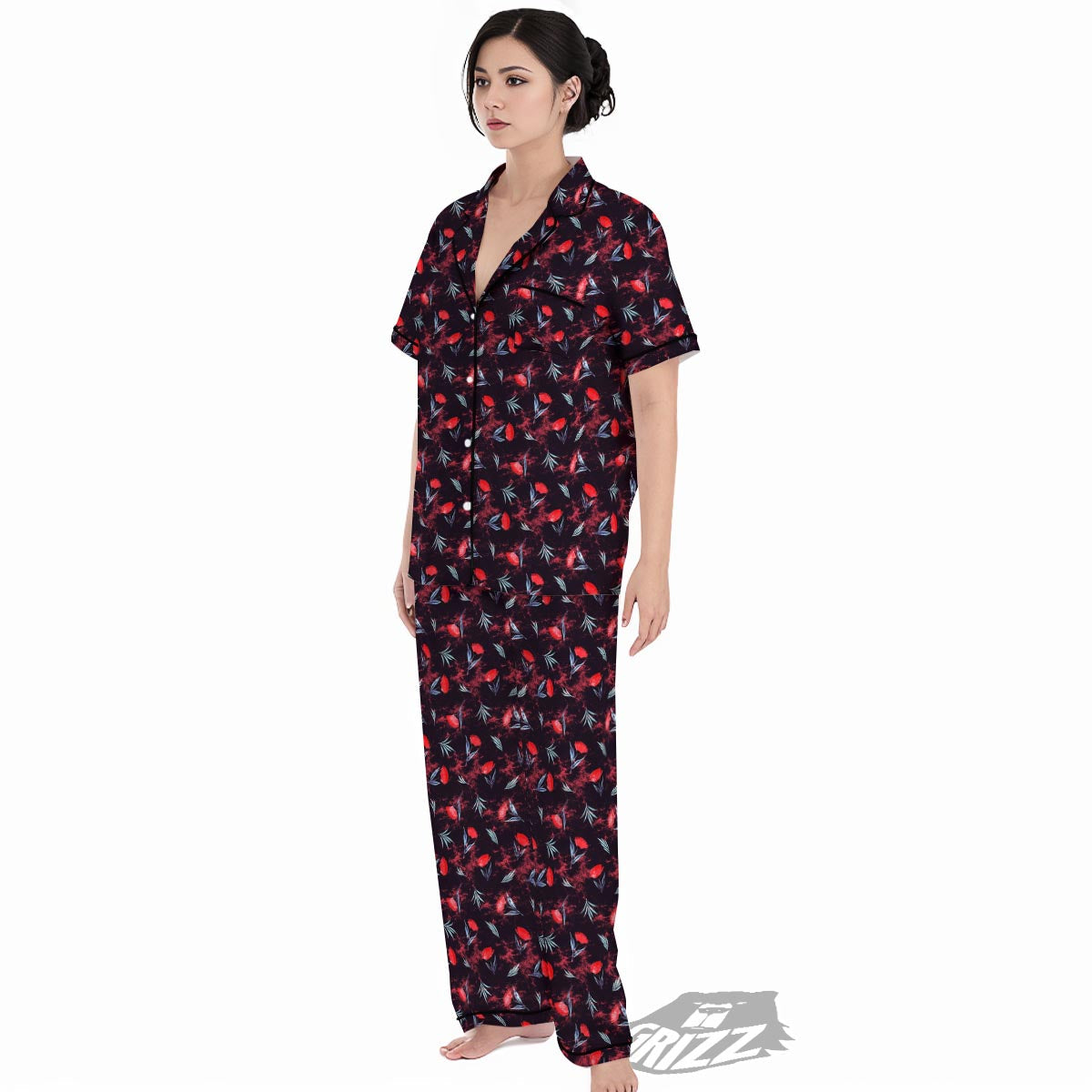 Carnation Black And Red Print Pattern Women's Pajamas Set-grizzshop