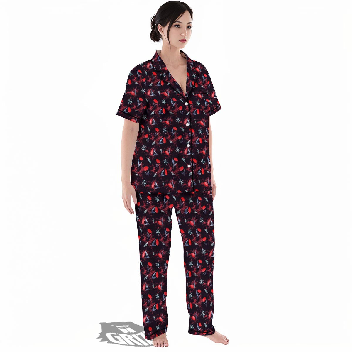 Carnation Black And Red Print Pattern Women's Pajamas Set-grizzshop