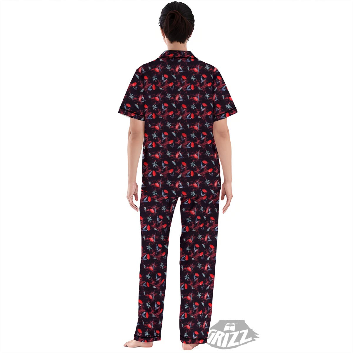 Carnation Black And Red Print Pattern Women's Pajamas Set-grizzshop