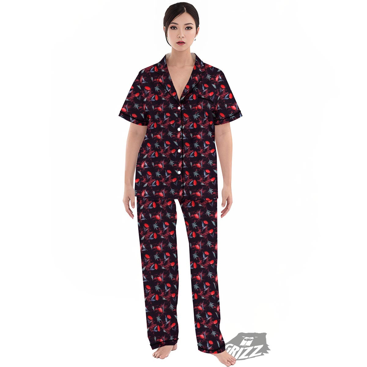 Carnation Black And Red Print Pattern Women's Pajamas Set-grizzshop