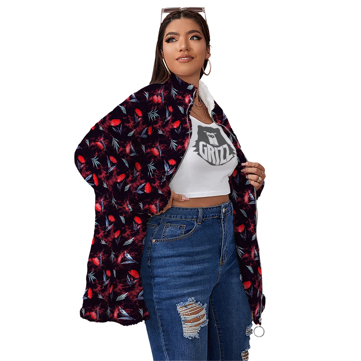 Carnation Black And Red Print Pattern Women's Sherpa Jacket-grizzshop