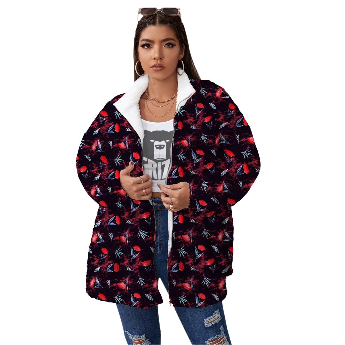 Carnation Black And Red Print Pattern Women's Sherpa Jacket-grizzshop