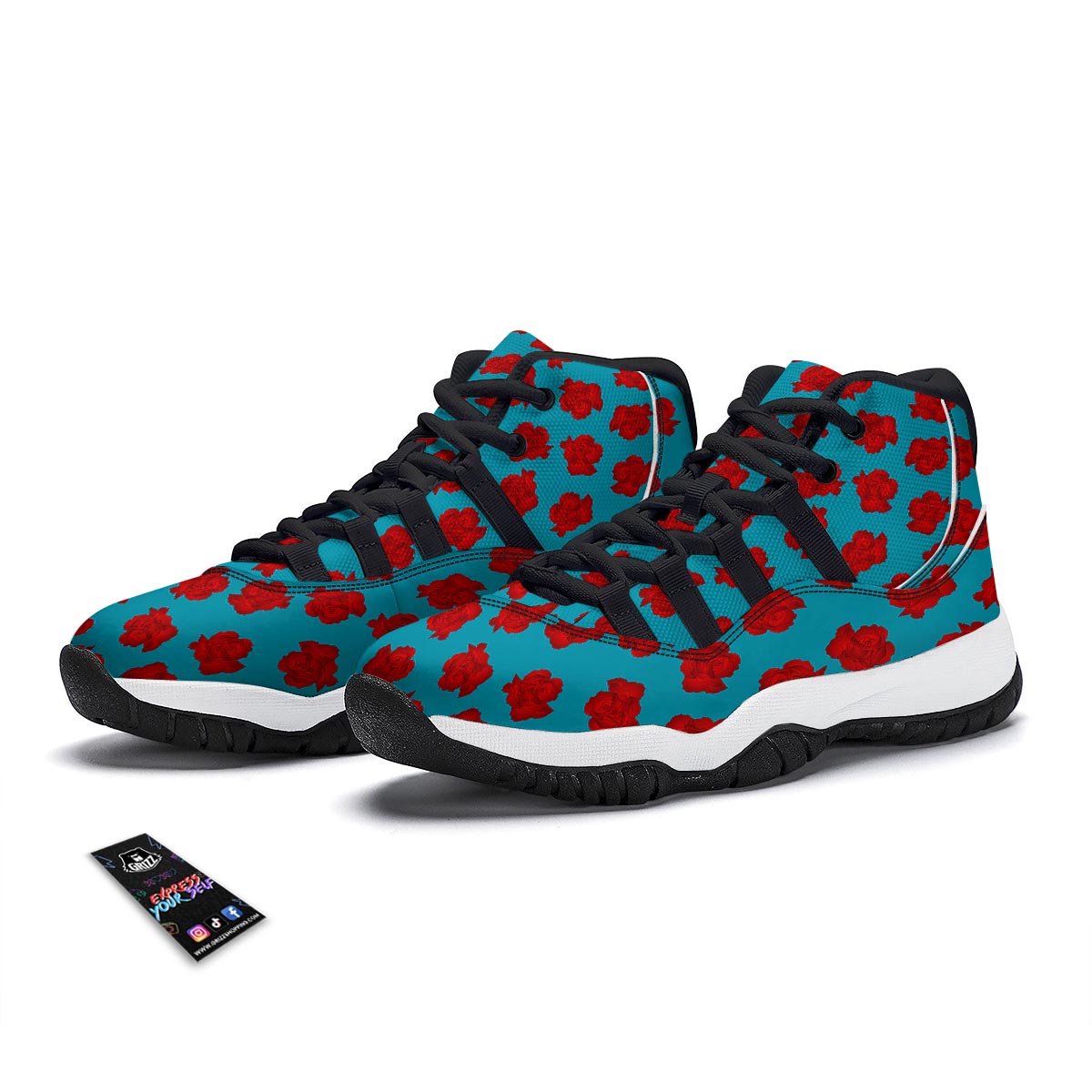 Carnation Blue And Red Print Pattern Black Bball Shoes-grizzshop
