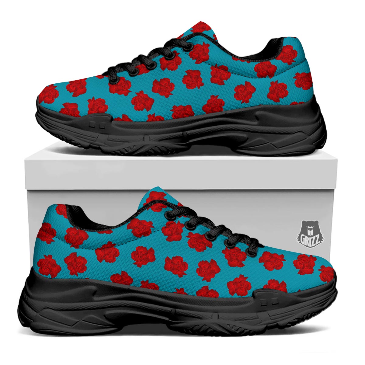 Carnation Blue And Red Print Pattern Black Chunky Shoes-grizzshop